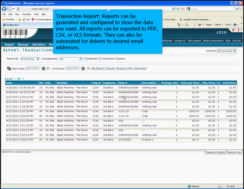 SnapVend Screen Transaction Report